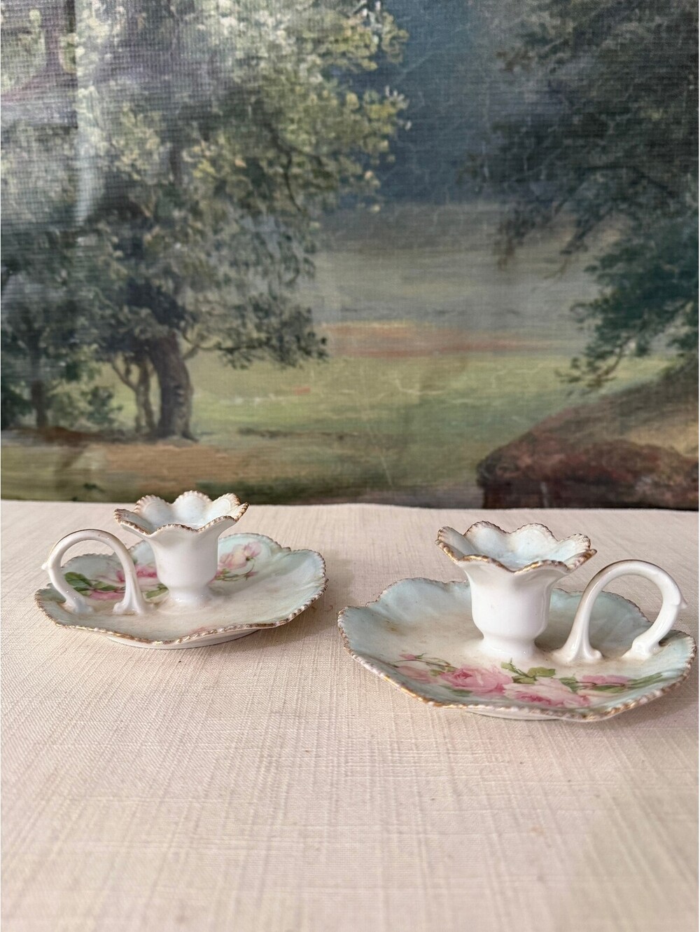 Pair of Porcelain Chamberstick Candle Holders